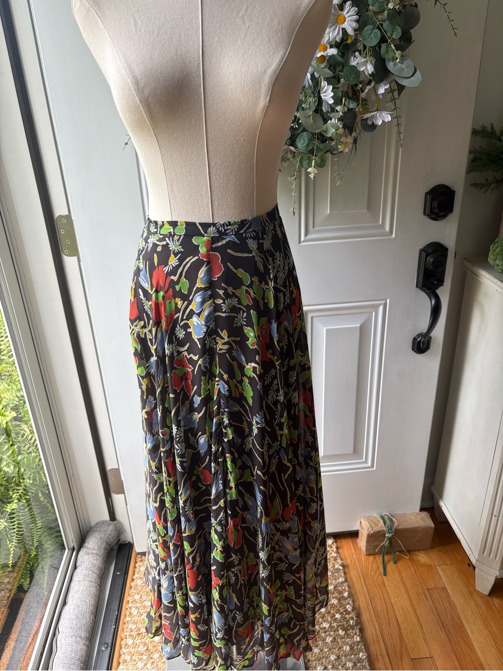 Anthropologie Black Floral Maxi Skirt with Red, Green & Blue Print